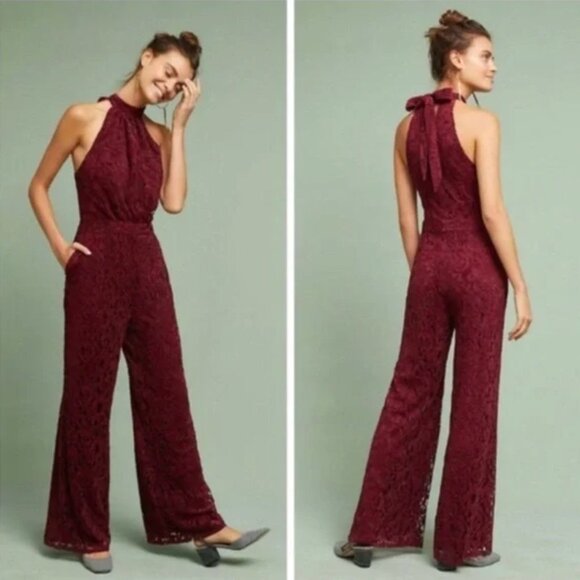 Anthropologie Pants - Anthropologie Aida Lace Halter Jumpsuit Romper Pockets Wine Bordeax Size 14 New